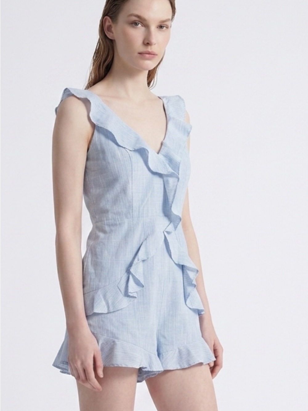 Simplee Apparel Light Blue Ruffle V-Neck Romper